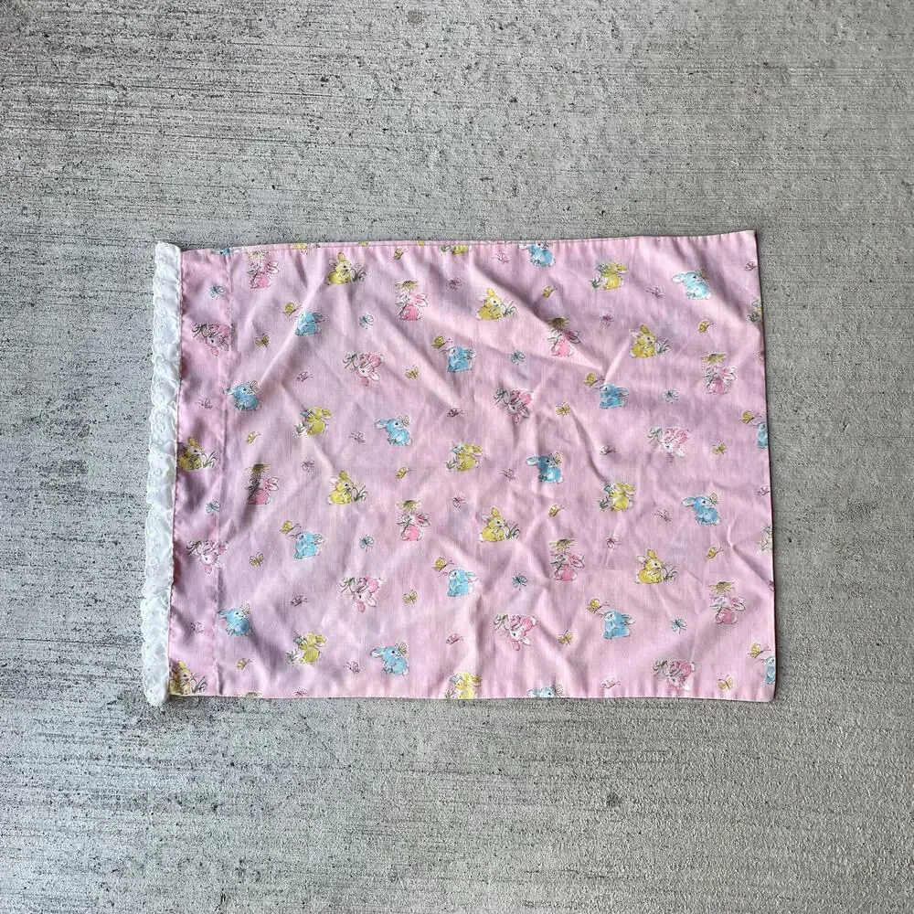 Vintage toddler bunny rabbit pillowcase pastel dainty lace girly kids